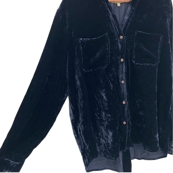 Democracy Royal Blue Velvet Button Down Blouse Top Sz.XL Rayon Pockets Retro - Picture 4 of 9